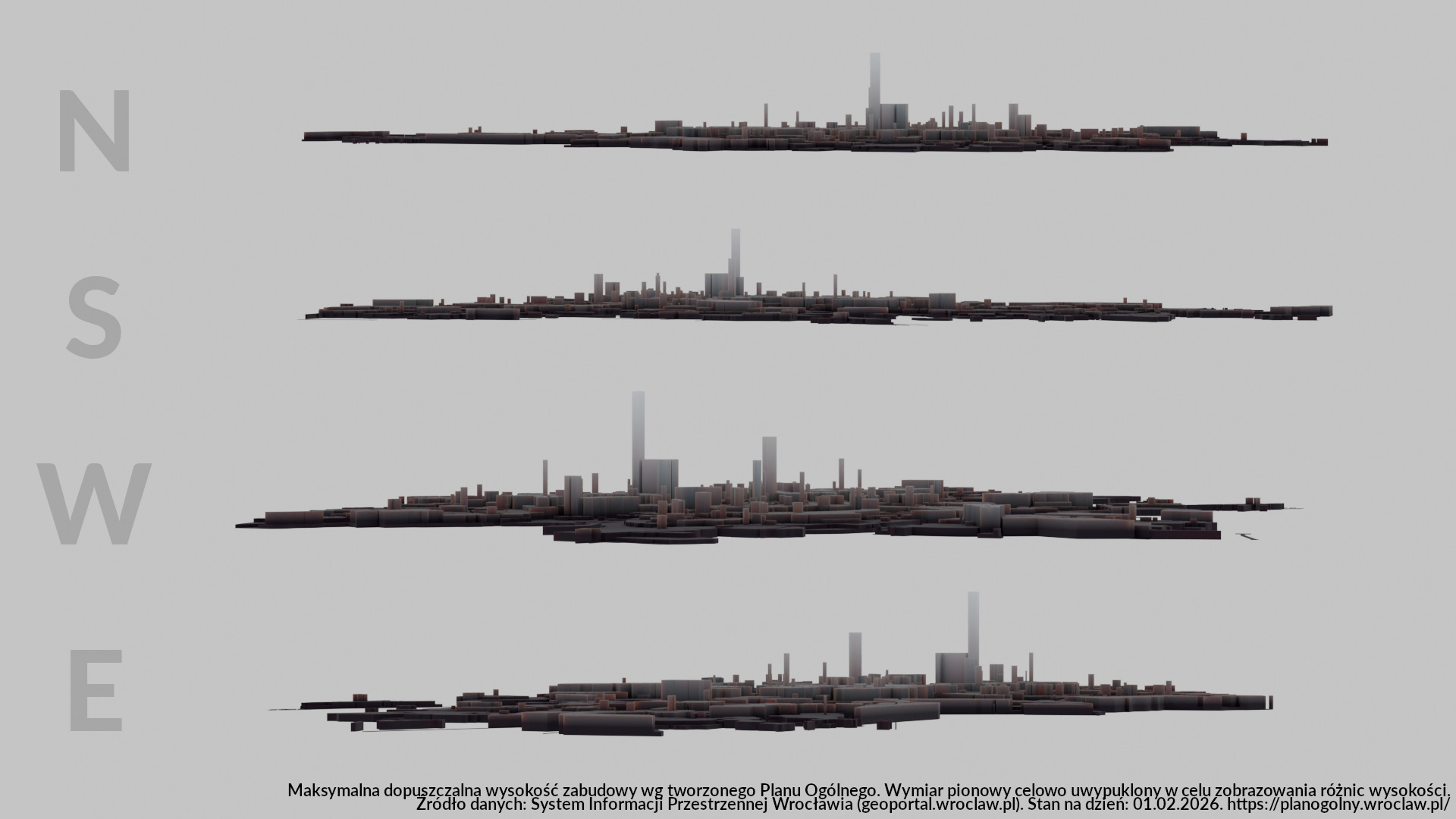 Wizualizacja panoramy Wrocławia przy maksymalnym wykorzystaniu wysokości zabudowy według Planu Ogólnego