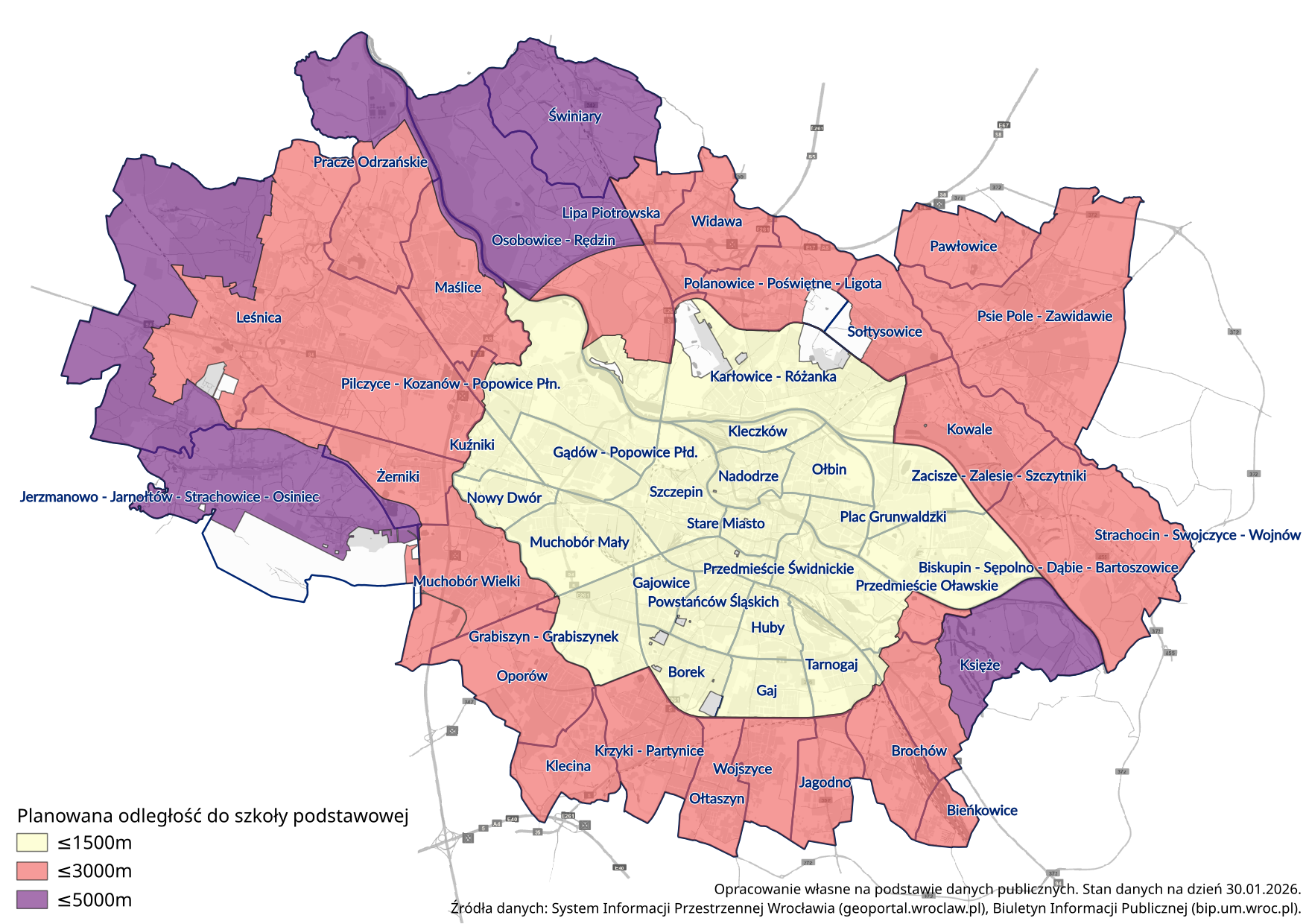 Wizualizacja planowanej odległości do szkoły z nałożonymi osiedlami